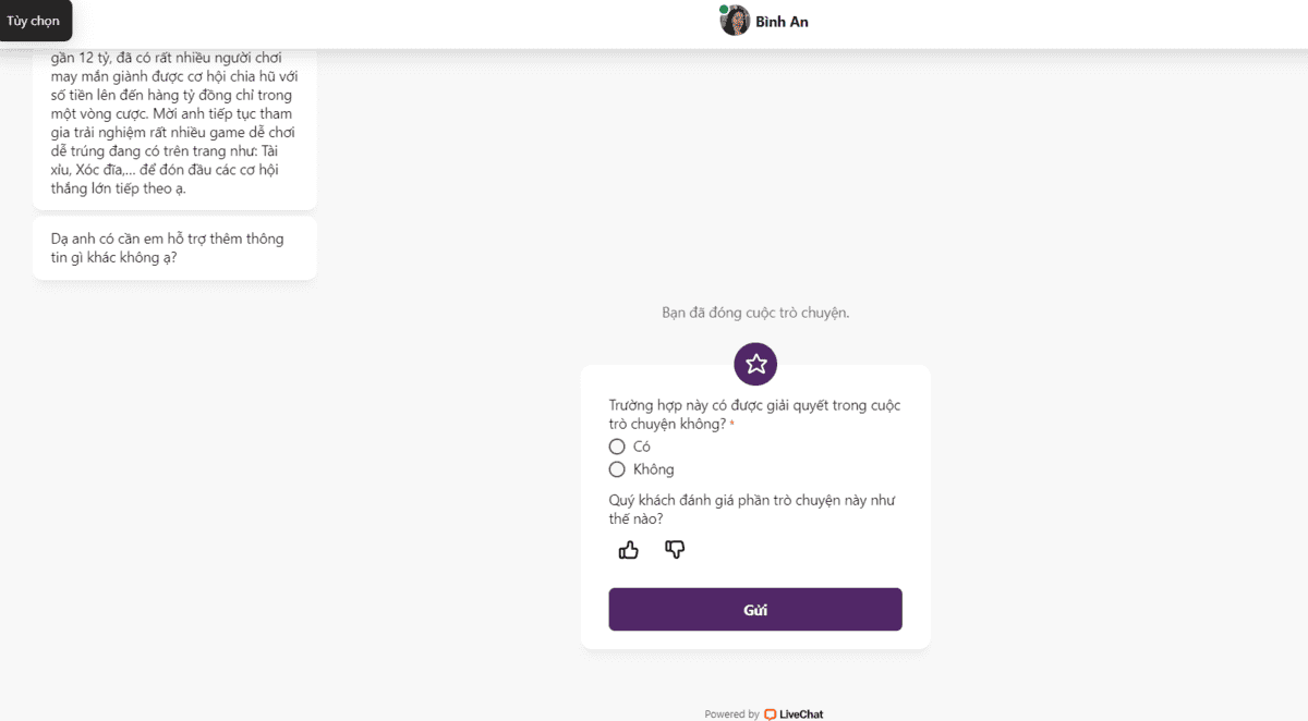 Đánh giá về sự hỗ trợ sau mỗi lần liên hệ V8 Club qua Live Chat